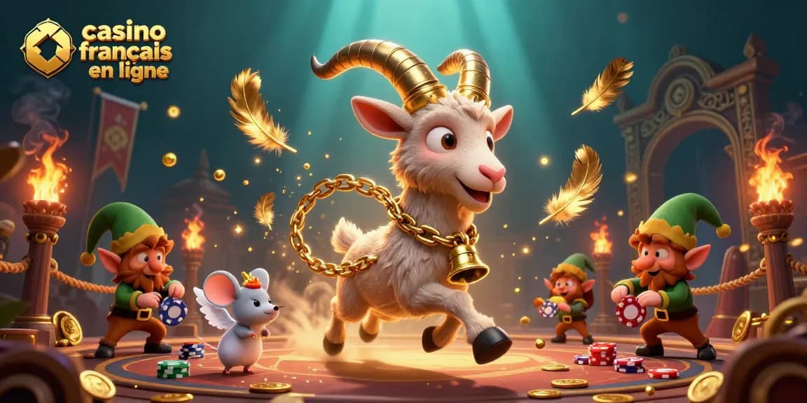 Jouez à casino français en ligne avec une illustration 3D festive, présentant un Krampus et des gremlins volants.
