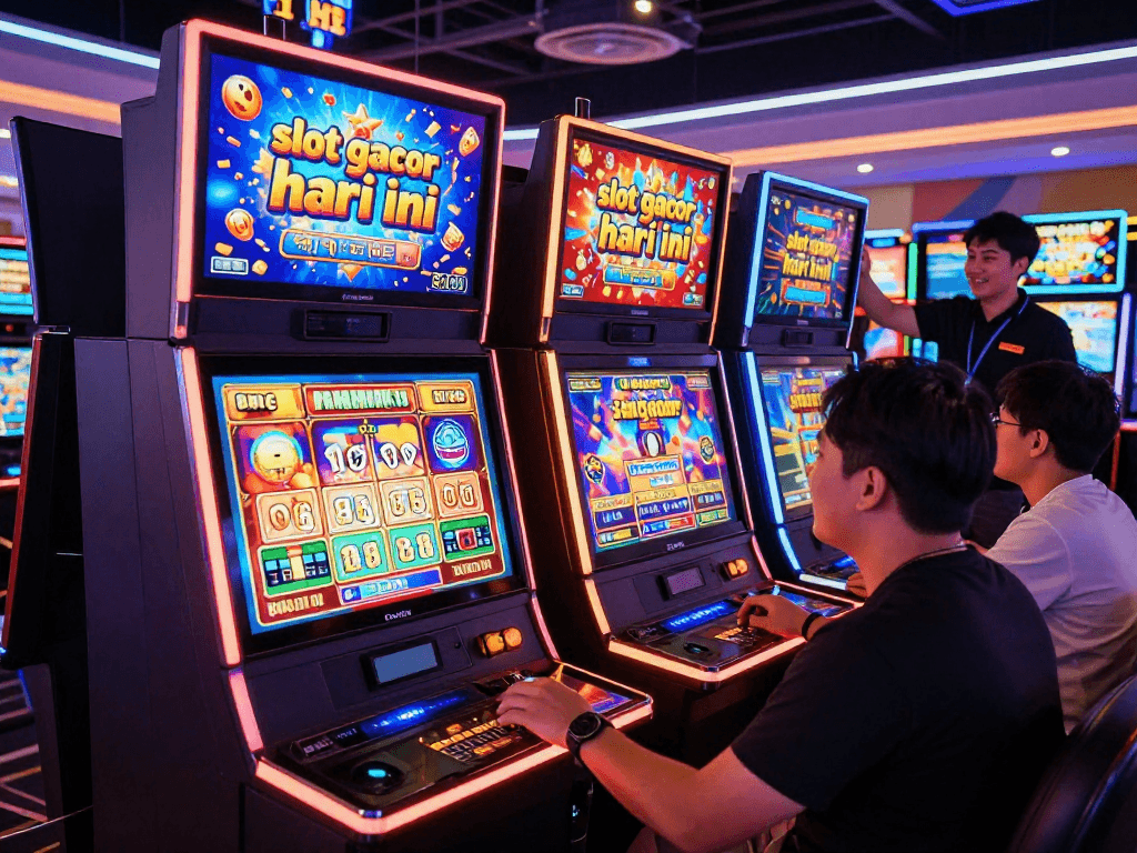 Experience the excitement of slot gacor hari ini in a vibrant online casino setting with engaging digital animations and a player interacting with a colorful game interface.