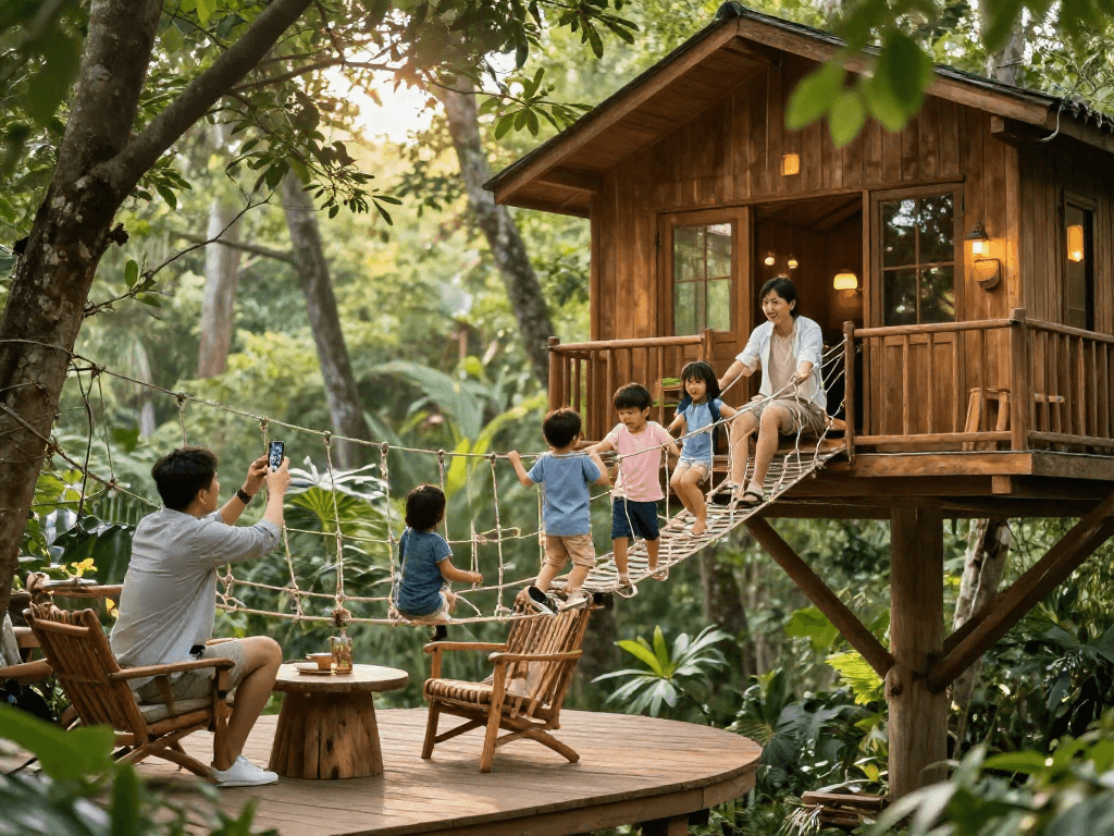 Family enjoying tree house life in a serene forest setting, playing and capturing memories