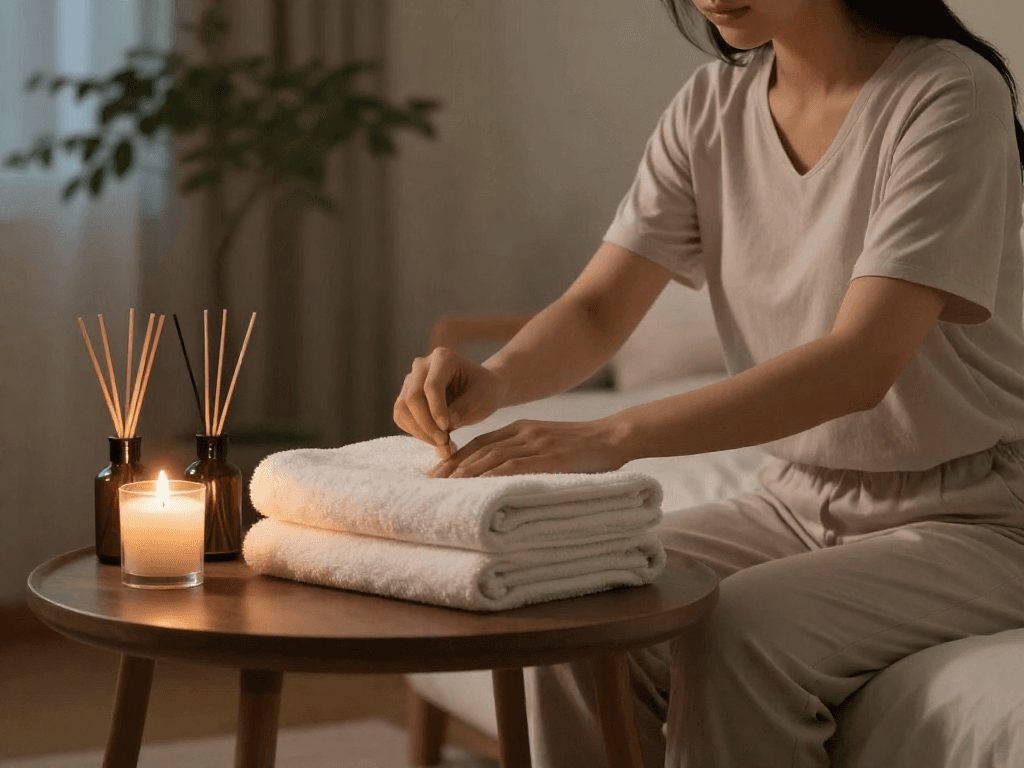Relaxing home setup for 남양주출장마사지 with soft lighting and calming decor.