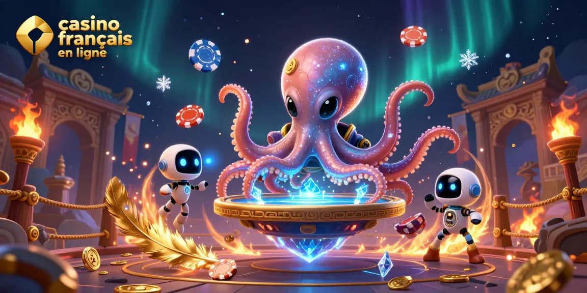 Illustration dynamique de casino français en ligne avec un poulpe extraterrestre et des jetons en orbite.