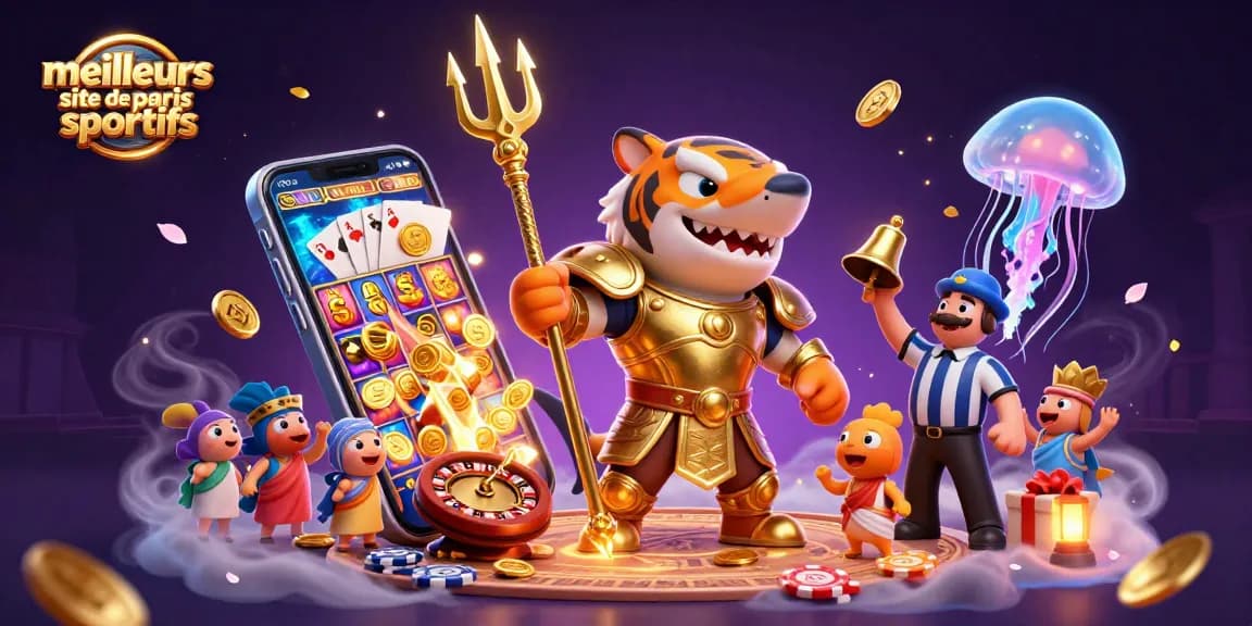 Profitez des meilleurs sites de paris sportifs avec un requin tigre en armure de gladiateur animant la scène.