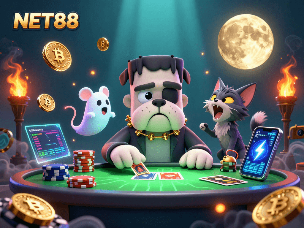 NET88 showcases a vibrant 3D casino scene with a bulldog dealer and crypto coins.