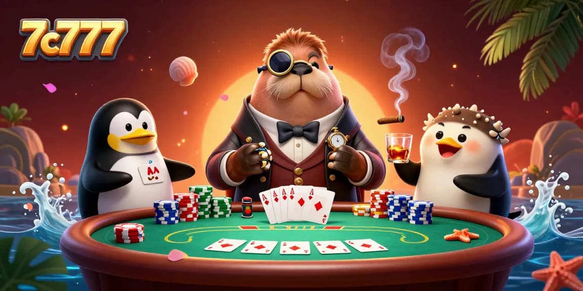 Experience the underwater poker scene with 7c777, featuring a walrus and pufferfish in action.