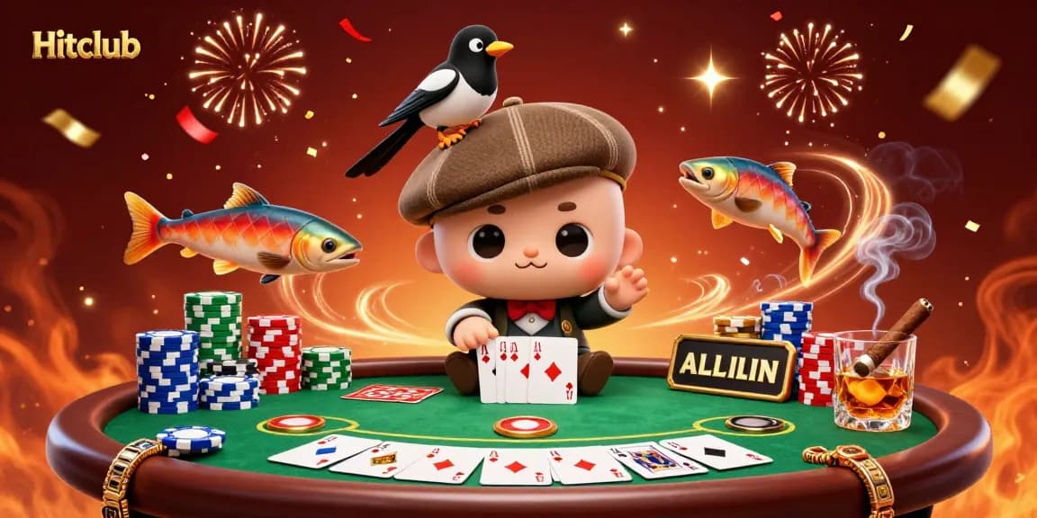 Hitclub showcases a vibrant casino scene featuring a playful Nessie with a magpie friend amid poker elements like chips and cards.