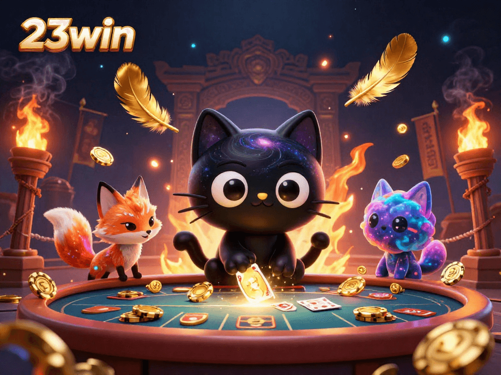 Experience the thrill of 23win's cosmic casino with golden chips and enchanting characters.