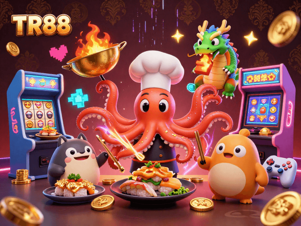 Play exciting casino games with TR88 featuring sushi chef octopus and dragon in vibrant 3D art