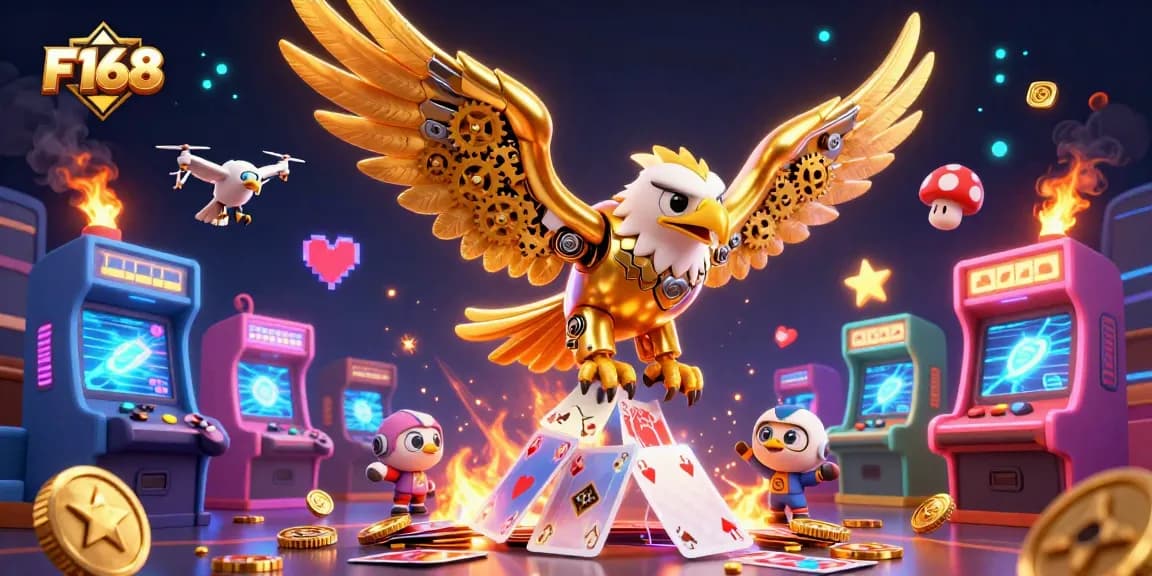 Engage with F168's thrilling gameplay featuring a golden eagle soaring through vibrant casino elements.