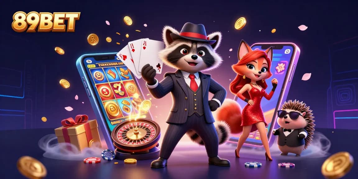 Experience the thrill with 89BET, a vibrant online casino featuring a stylish raccoon and friends.