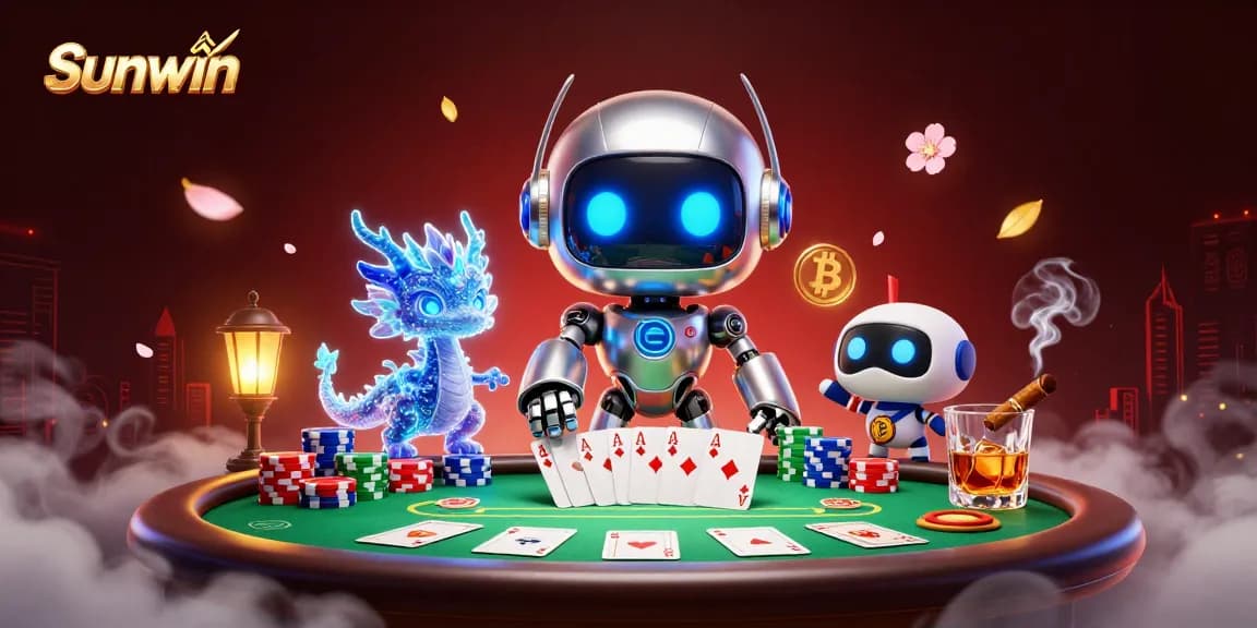 Engage with Sunwin's vibrant casino scene featuring robotic characters and gaming elements.