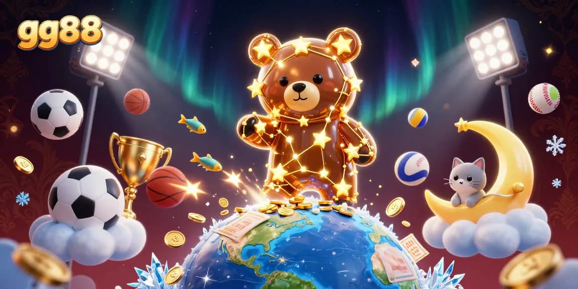 Experience big wins at gg88 with a vibrant casino scene featuring golden stars, sports balls, and dynamic gaming elements.