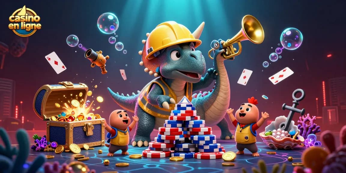 Casino en ligne célèbre avec un triceratops et des éléments festifs sous-marins.
