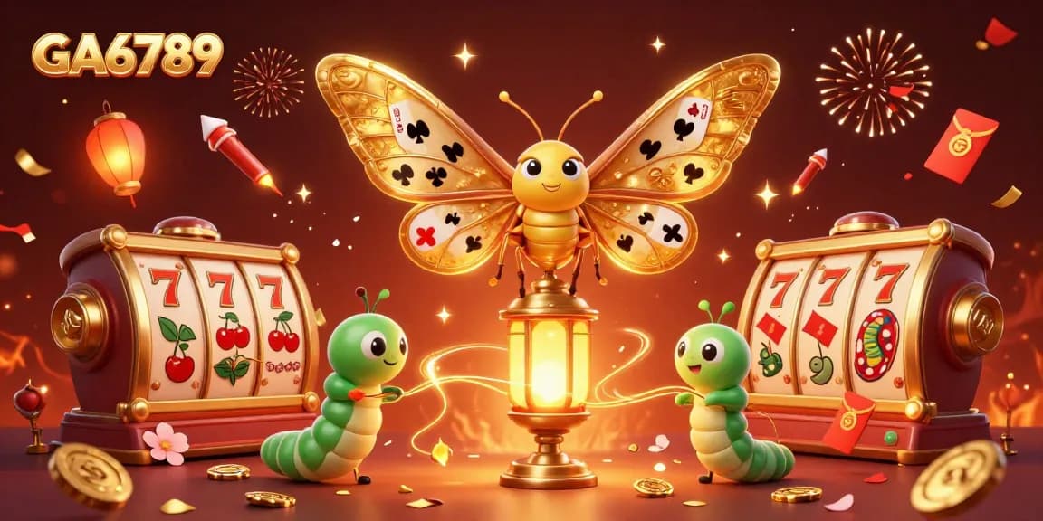 Engage with GA6789's vibrant casino illustration featuring dynamic slot reels and a majestic atlas moth.