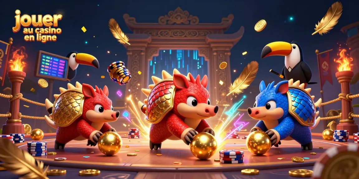 Jouer au casino en ligne avec une scène dynamique de pangolins en compétition au sein d'une ambiance festive.