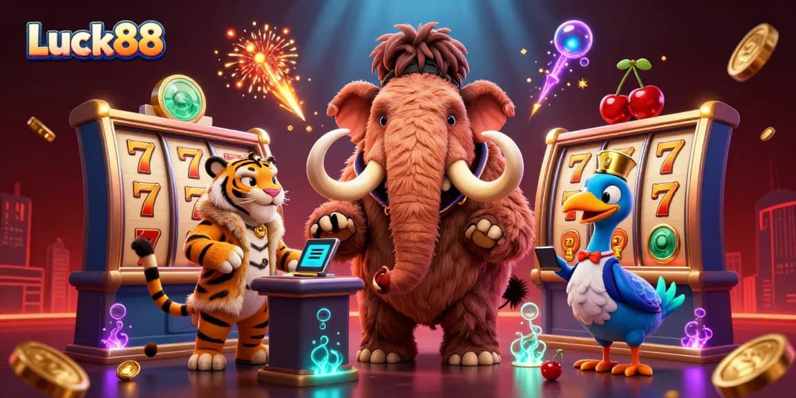 Experience Luck88's vibrant casino ambiance with a woolly mammoth bouncer and saber-tooth VIP.