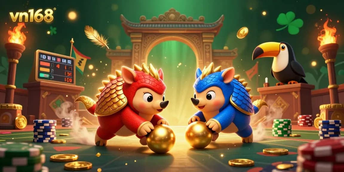 Experience thrilling betting at vn168 with energetic pangolins rolling through poker chips amidst golden confetti.