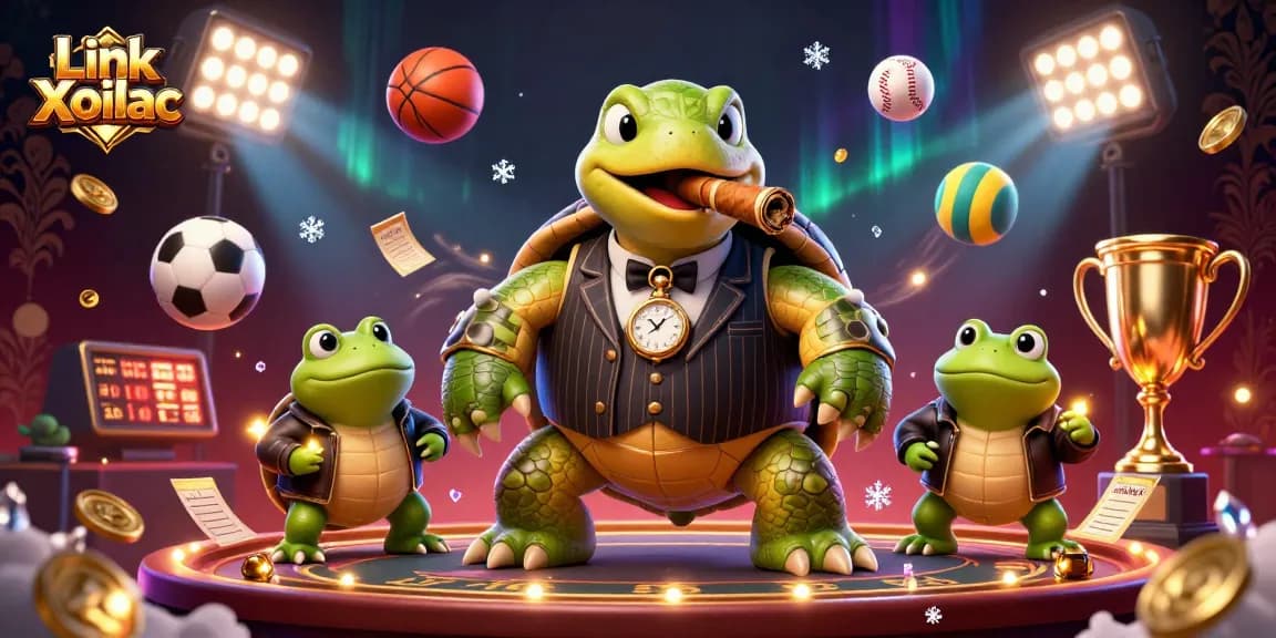 Engage in thrilling sports action with Link Xoilac, surrounded by dynamic 3D elements and vibrant characters.