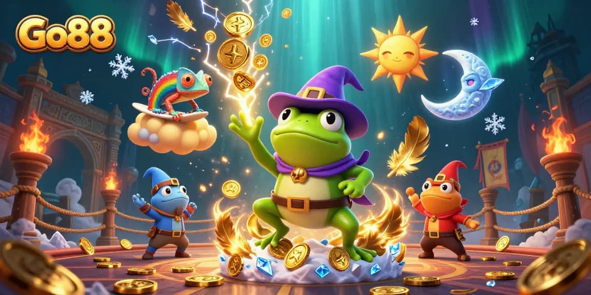Engage with Go88's vibrant 3D casino world featuring a wizard frog, golden coins, and dynamic gambling elements.