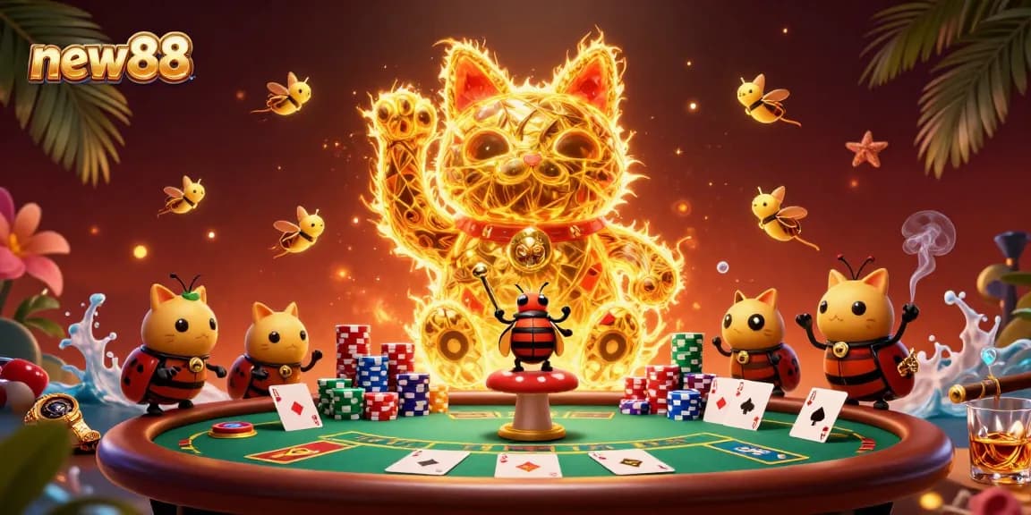 Experience the excitement of new88 with a vibrant, golden lucky cat surrounded by poker elements and thrilling casino symbols.