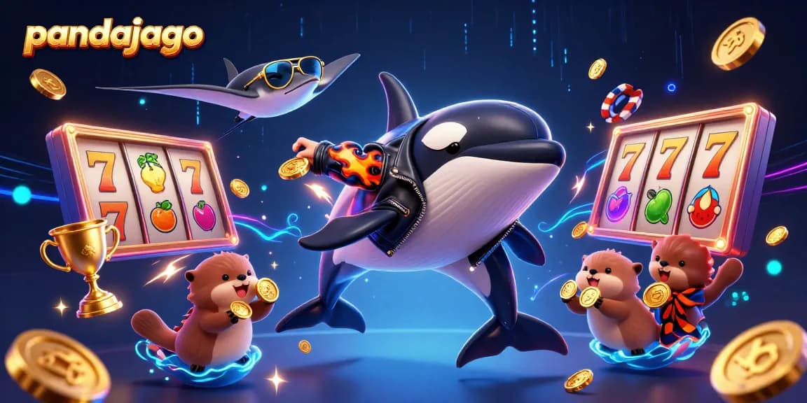 Pandajago menghadirkan paus orca kartun keren dan ikan pari dengan koin emas, simbol slot, dan banyak lampu neon.