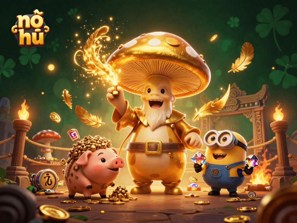 Engage with nổ hũ in this dynamic 3D illustration showcasing a magical gambling scene.