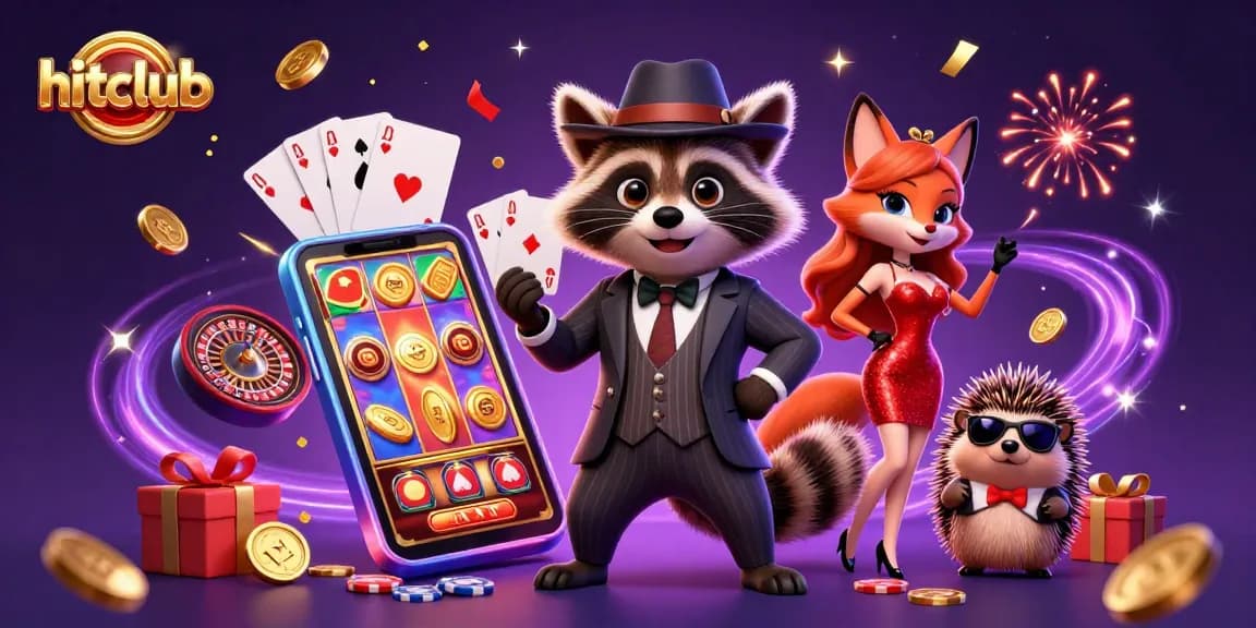 Hitclub players celebrate their winnings with a dynamic casino scene featuring a suave raccoon and fox amidst exciting games.