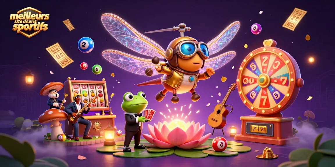 Visitez les meilleurs sites de paris sportifs avec un dragon volant et un croupier grenouille, entouré de jeux dynamiques.