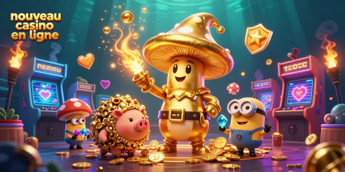Explorez le nouveau casino en ligne avec des personnages colorés et de l'or scintillant.