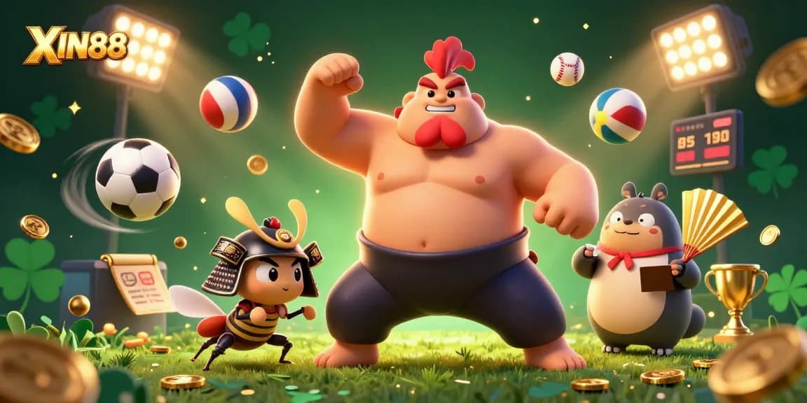 XIN88 brings excitement with a powerful sumo wrestler, fierce cricket, and tanuki announcing in an action-packed casino scene.