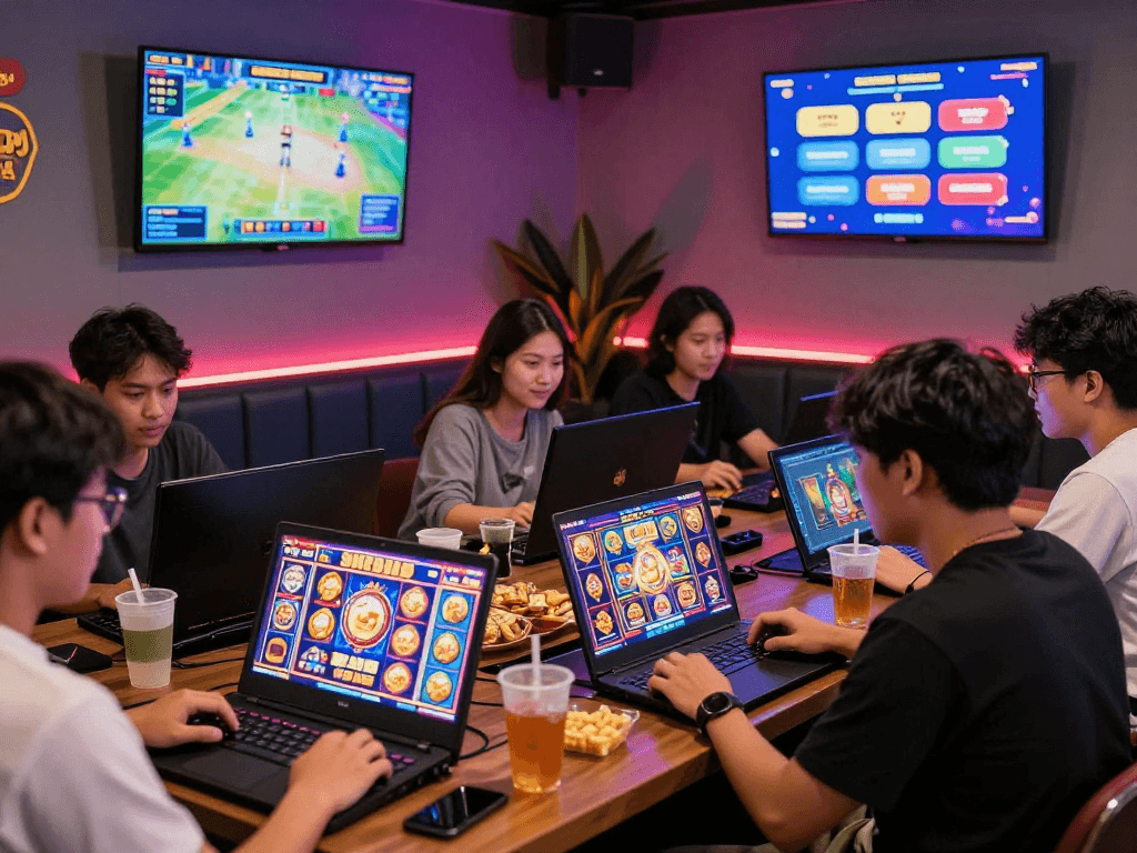 Players enjoying gacor slot games in a lively gaming environment