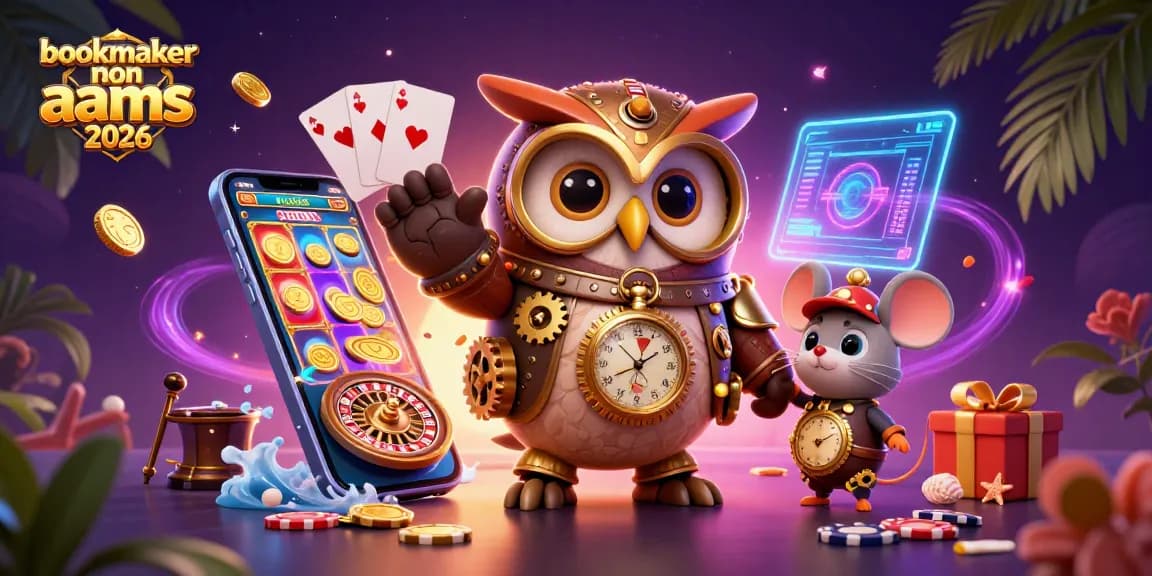 Giocatore alle scommesse online su bookmaker non aams 2026 mostra slot e premi in una vivace illustrazione 3D.