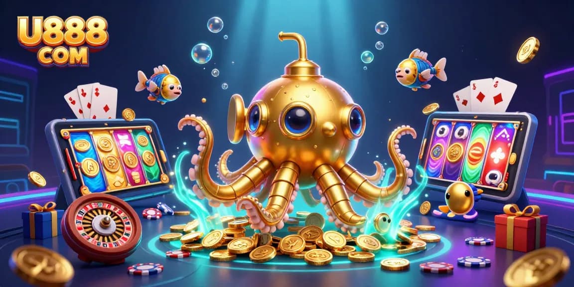Win big with U888 COM in a dynamic slot game adventure featuring a golden kraken and coins!