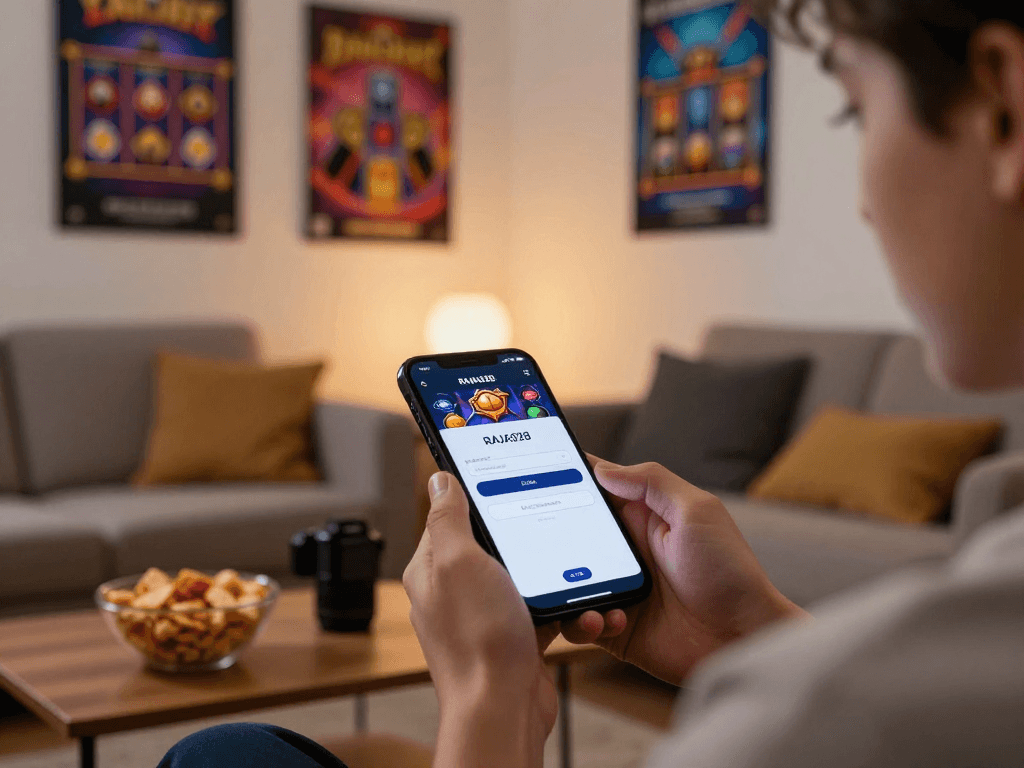 Engaging home environment showcasing RAJA328 login screen on smartphone for online gaming.