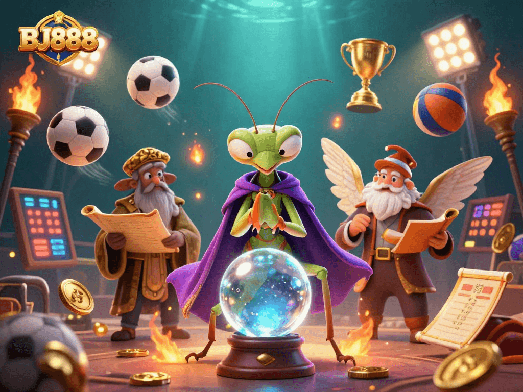 BJ888 offers thrilling online betting experiences with dynamic cartoon characters exploring casino adventures.