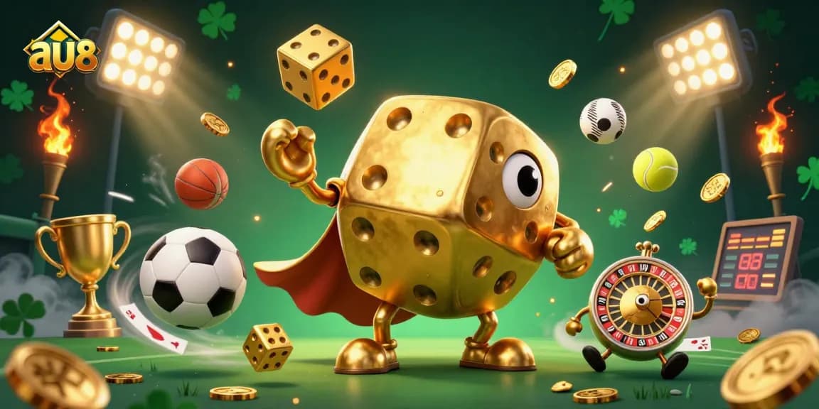 Experience exciting gameplay at au88 with a vibrant illustration of a golden dice golem and dynamic sports elements.