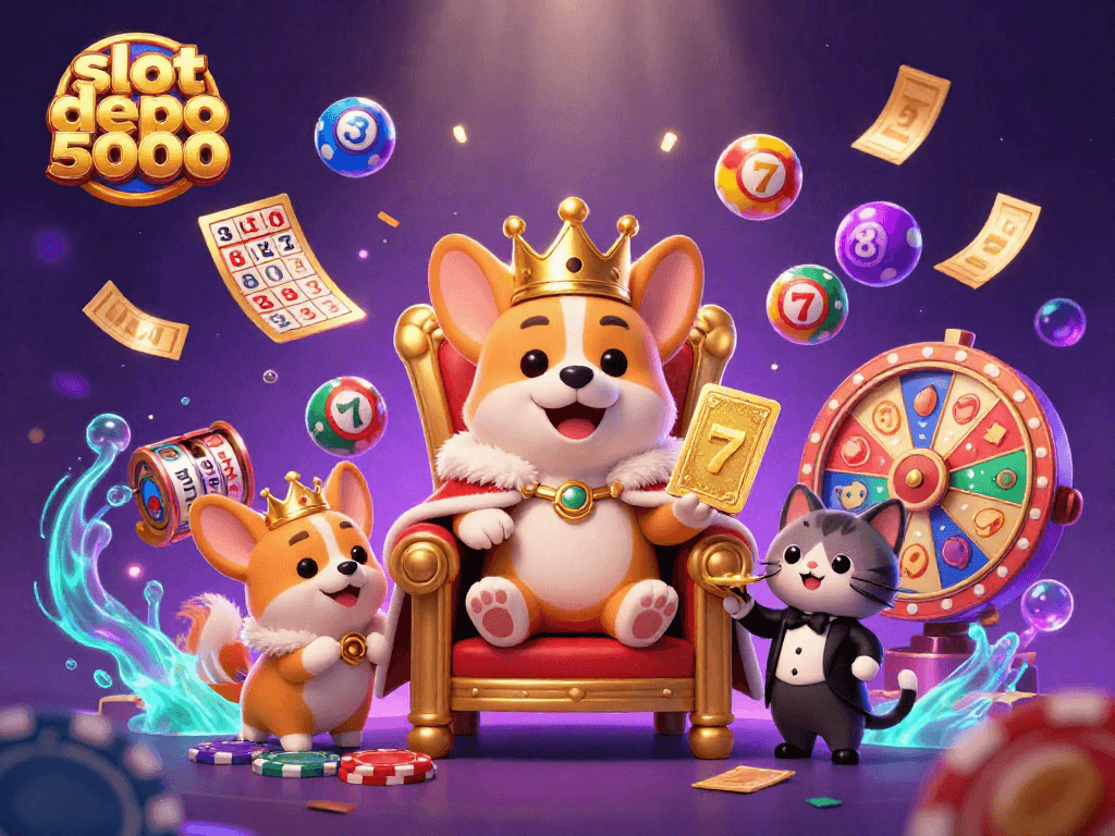 Win big at slot depo 5000 with fun 3D characters amidst vibrant casino elements!