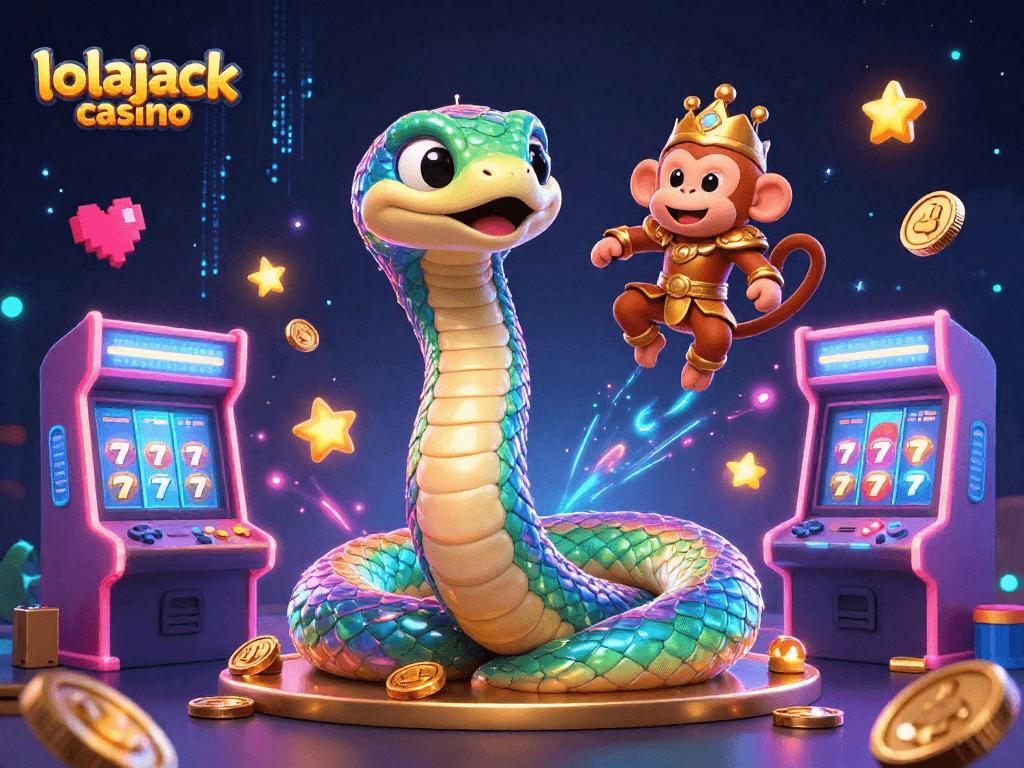 Engage with lolajack casino's captivating illustrated scene featuring playful characters and vibrant gaming elements.