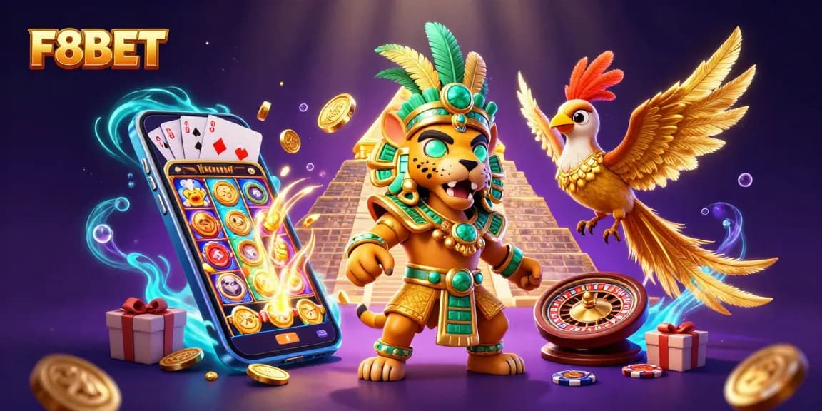 Spin colorful slot games with F8BET's 3D illustration of festive casino elements.