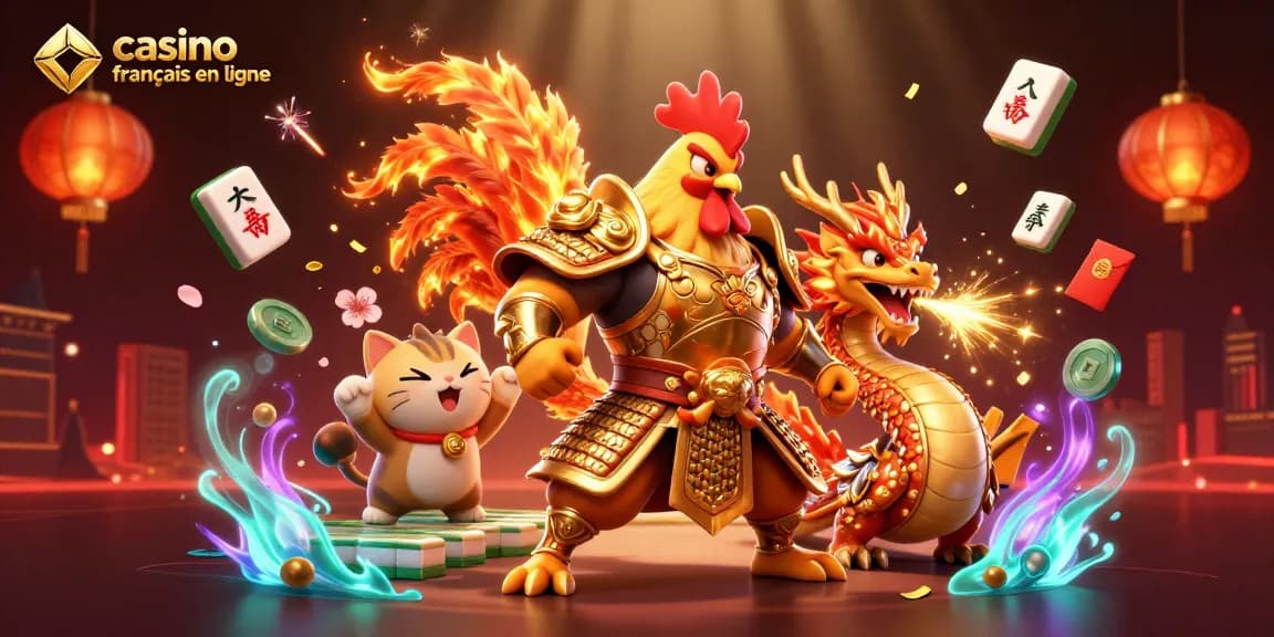 Des personnages emblématiques du casino français en ligne entourés d'éléments de jeu lumineux et dynamiques.