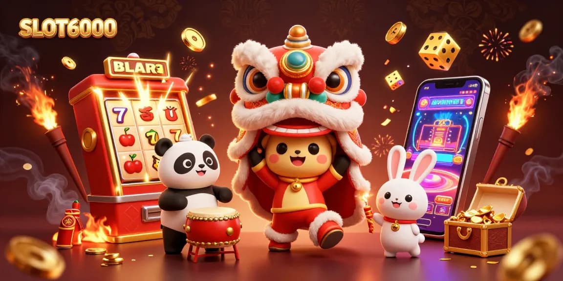 SLOT6000 players enjoying exciting slot games with festive visuals and winning elements.