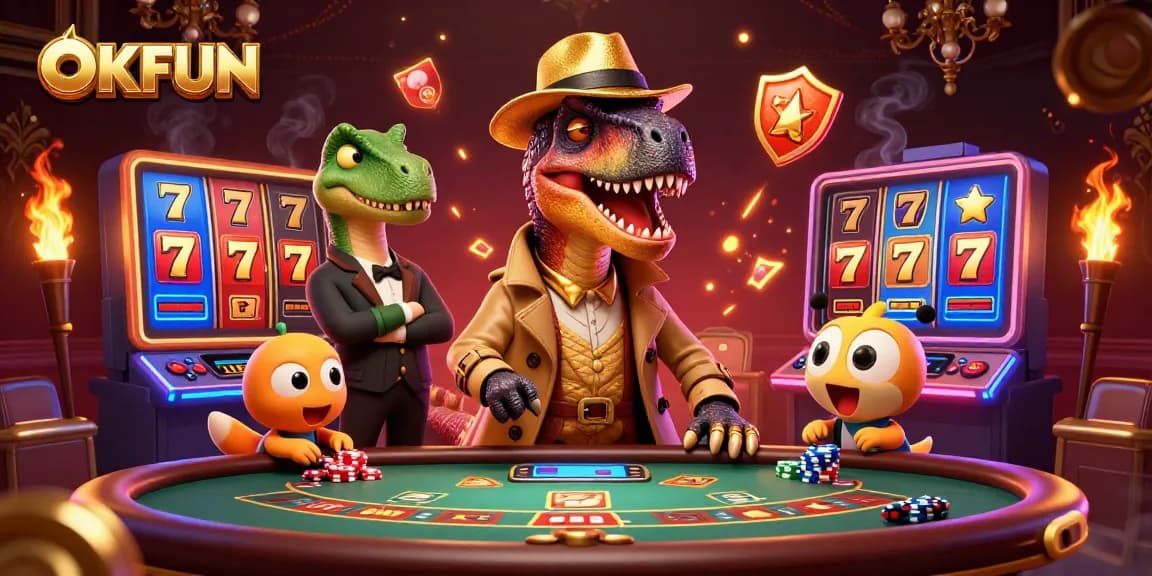 Engage in thrilling gameplay at OKFUN with 3D cartoon velociraptor card counter and colorful casino elements.