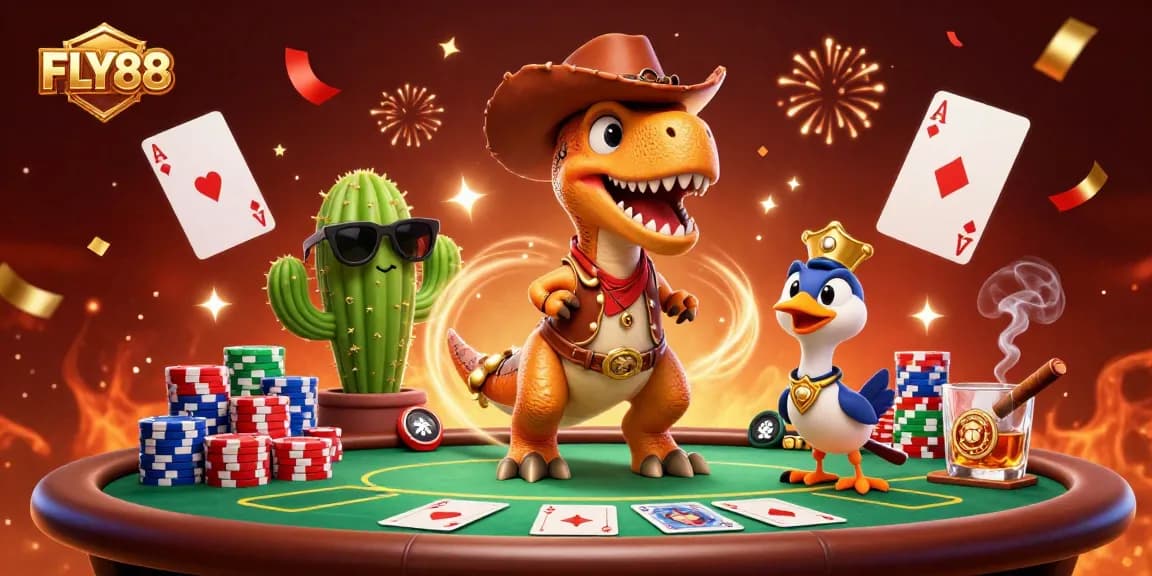 FLY88 offers an engaging poker experience with a cowboy dinosaur and vibrant casino elements.