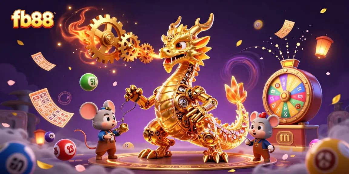 Experience exciting gameplay at fb88, featuring a dynamic scene with lottery elements and a golden dragon.
