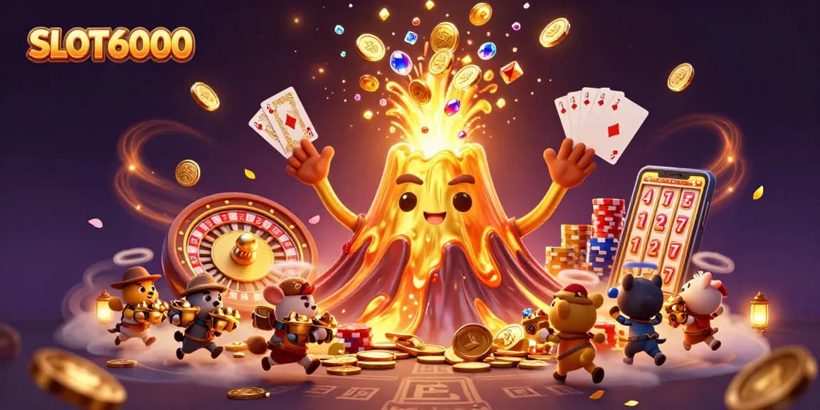 Experience thrilling gaming with SLOT6000 in a vibrant 3D illustration full of riches.