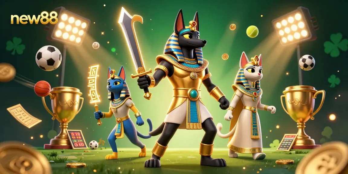 Engage with new88's thrilling gaming experience, featuring ancient warrior Anubis and vibrant sports elements.