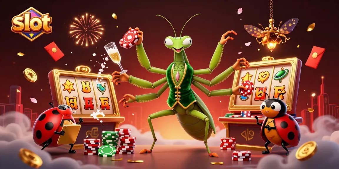 Experience thrilling slot action with symbolic characters and festive elements in an engaging casino scene.