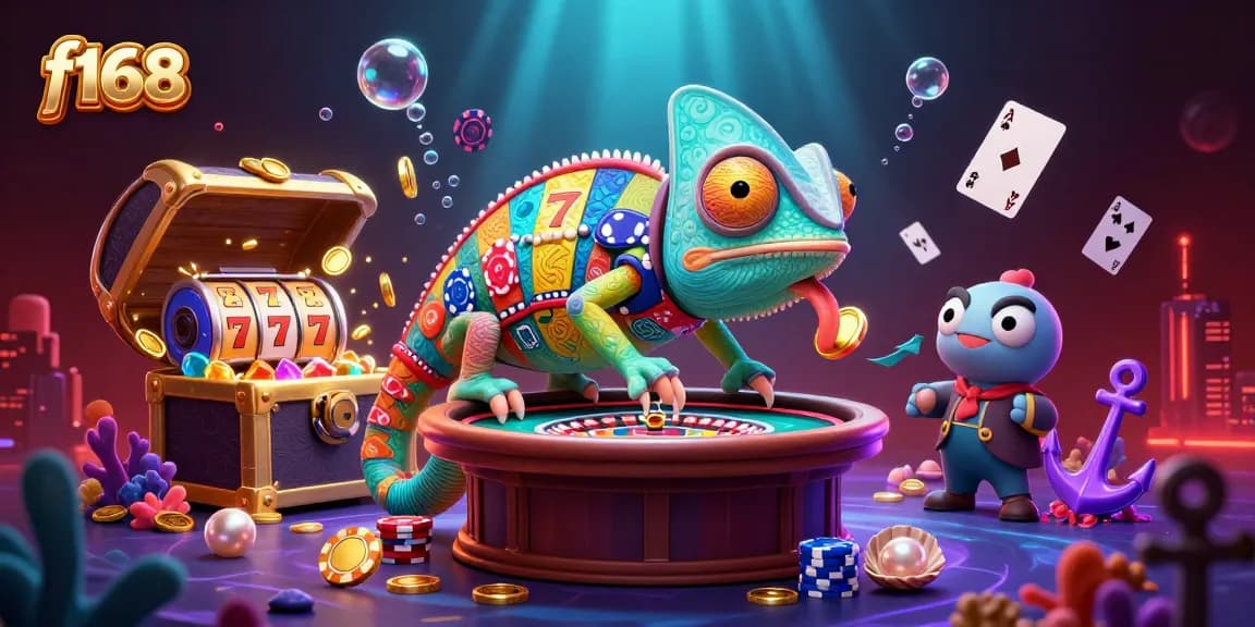 Join the vibrant world of f168 with a colorful chameleon, slot reels, and treasure exploding!