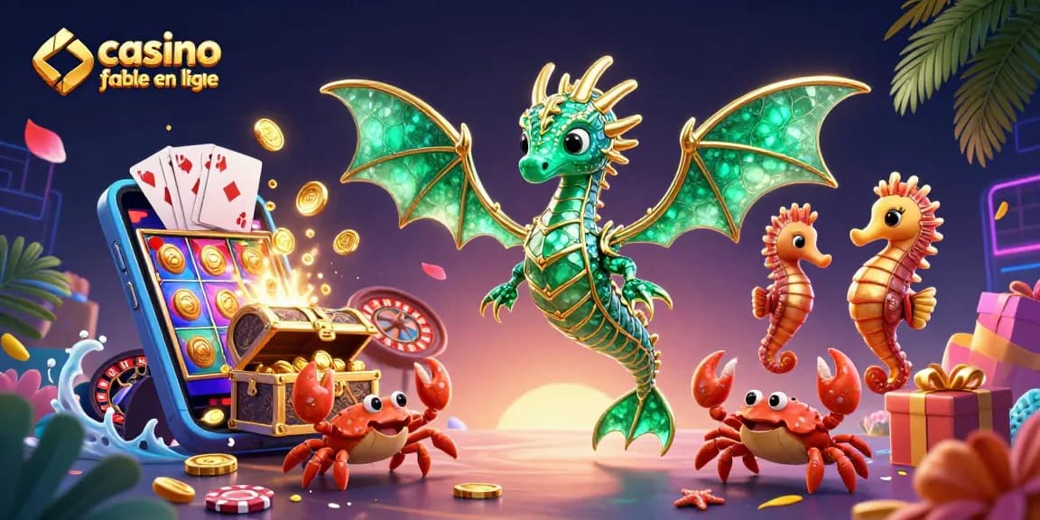 Illustration 3D de casino fiable en ligne avec dragon marin et smartphones affichant des jeux de machines à sous.