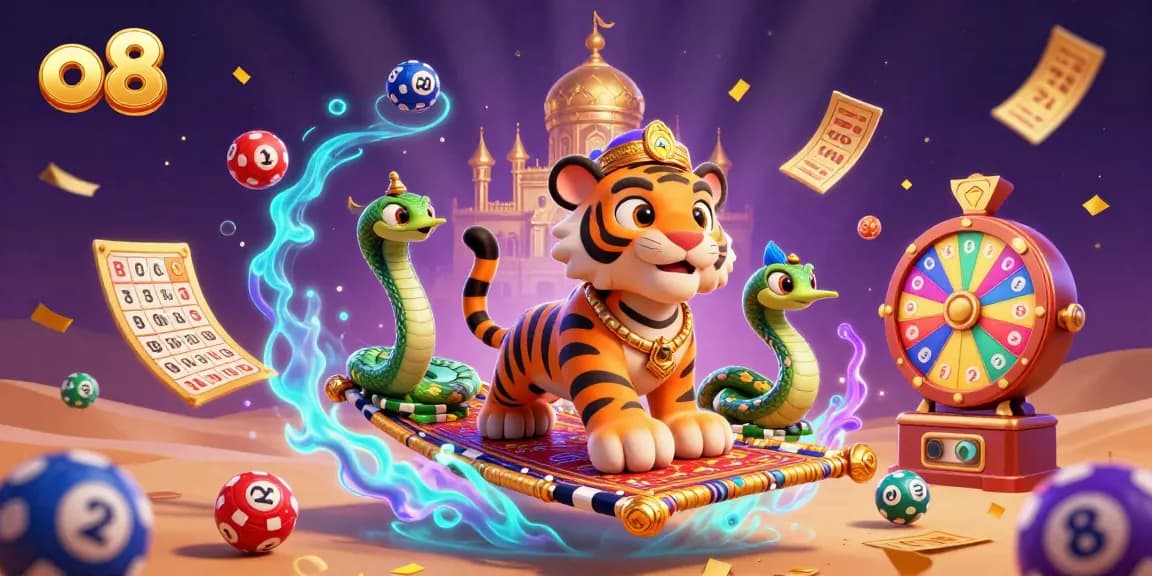 Experience lively gaming action with o 8's captivating casino scene featuring vibrant lottery elements.