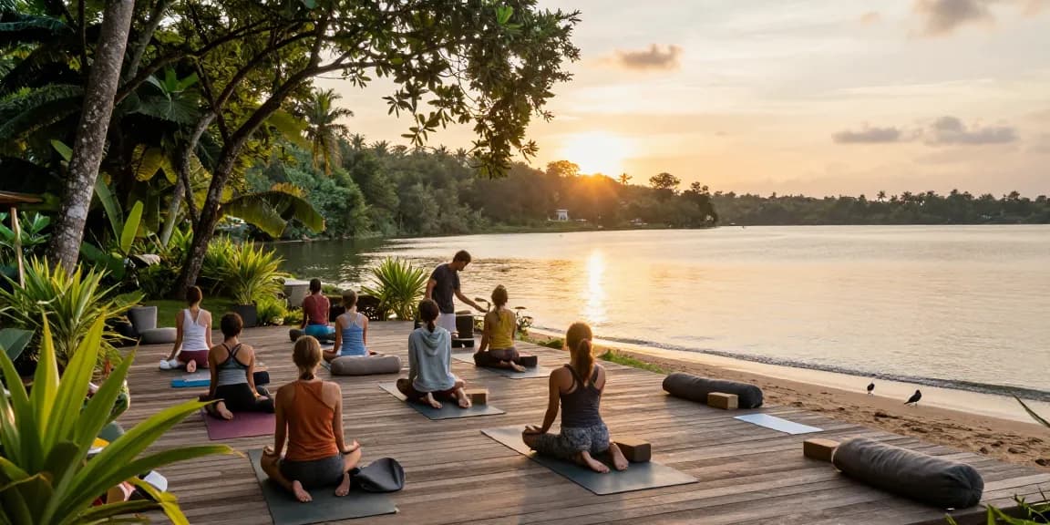 Yoga retreat Sri Lanka at Lanka Yoga, students practicing Vinyasa by the serene lake at sunset.